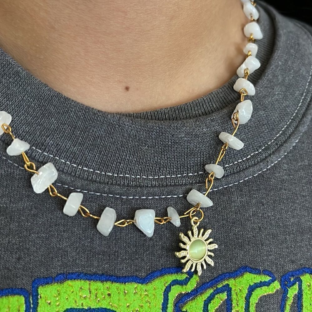 Morganite Crystal gold chain pearl necklace‎